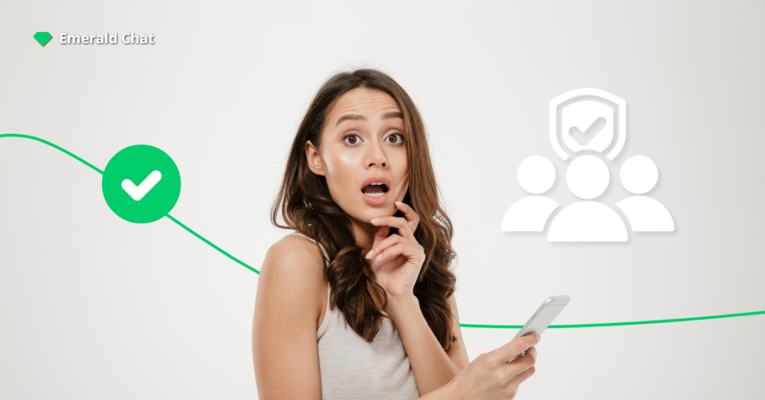 Surprised woman holding a smartphone with safety and check icons behind her, representing secure and private online chat rooms on Emerald Chat.